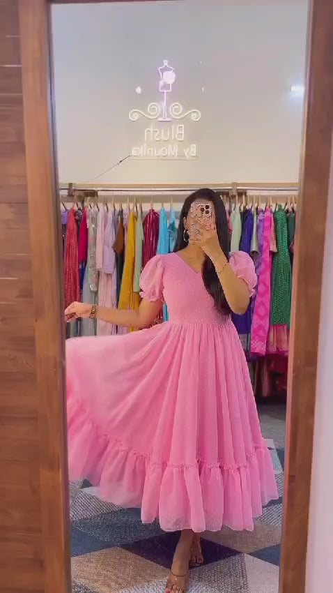 Summer Special Pink brasso Georgette Frock with Compete cotton Lining.